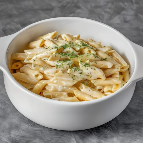Creamy penne pasta with herbs in a white bowl from Village Pizza & Cafe.