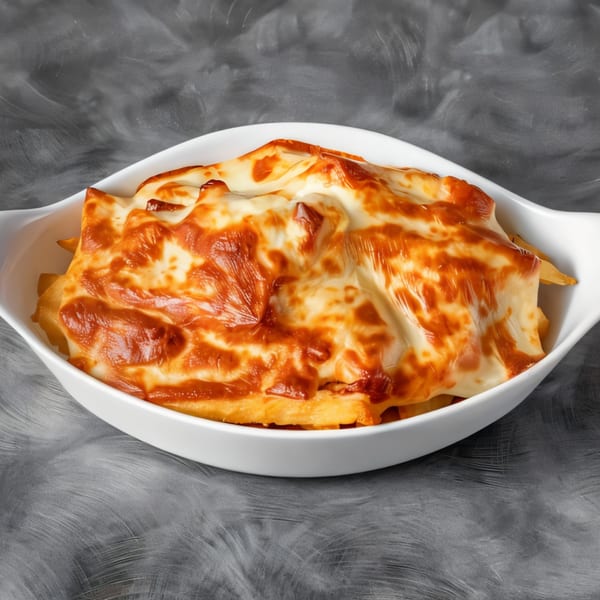 A white oval dish filled with golden-brown french fries topped with melted, bubbly cheese.