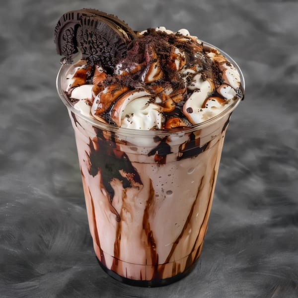 Chocolate milkshake with whipped cream, chocolate drizzle, cookie crumbles, and an Oreo cookie.