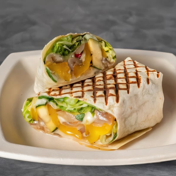Two halves of a grilled wrap filled with lettuce, yellow peppers, and mushrooms on a white plate.